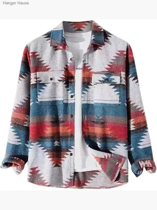 Men's Aztec Print Button Down Woolen Long Sleeve Western Shacket Coat